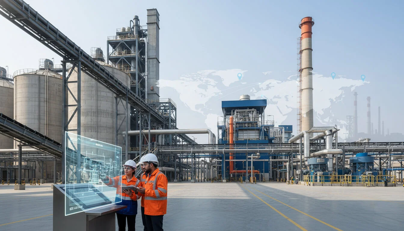 Engineers inspecting a manufacturing plant with a digital blueprint display.