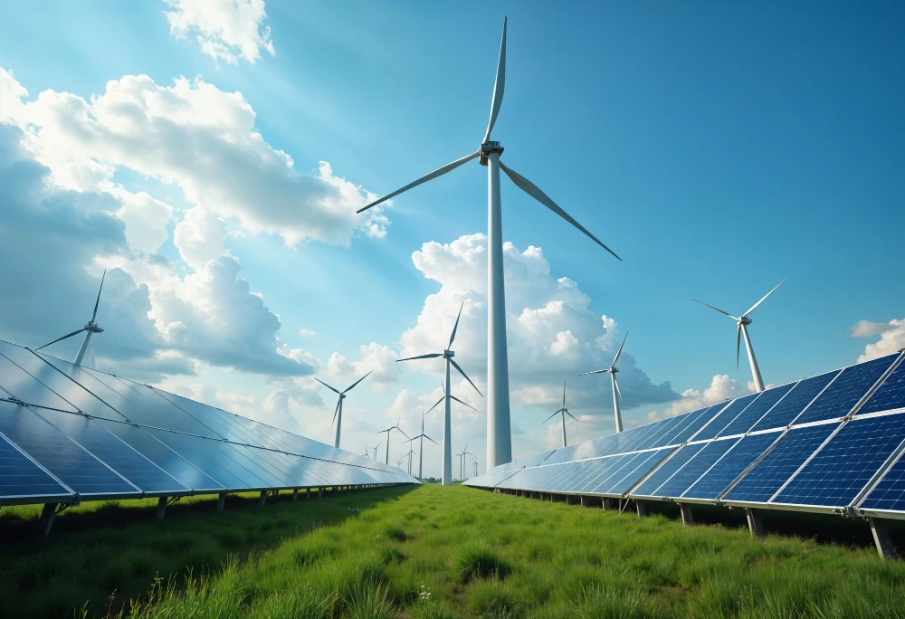 Wind turbines and solar panels generating renewable energy under a blue sk